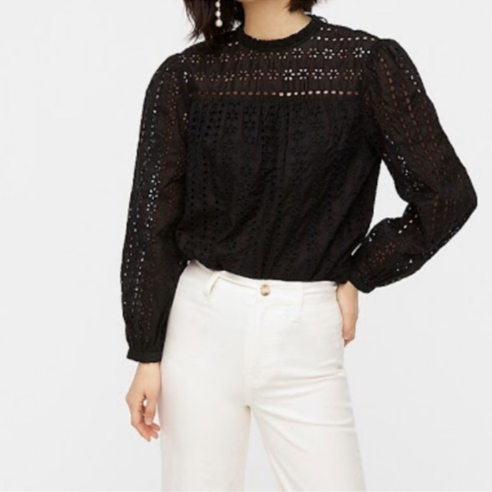 J.CREW Black Tie Back Cotton Top in Ditsy Eyelet